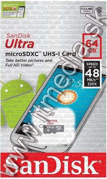 Image of Sandisk microSD-XC kártya 64GB UHS-I U1 *Mobile Ultra CLASS10 Android* 48MB/s (IT11345)